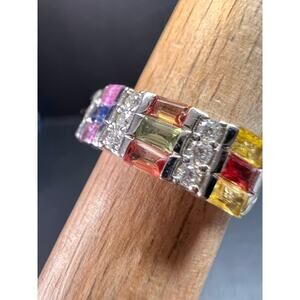 NEW multi sapphire and moissanite ring in rhodium over sterling silver size 5